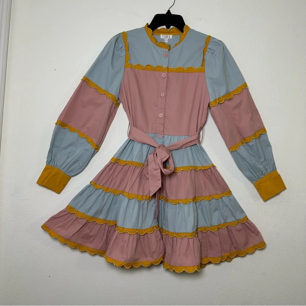 TCEC  Pastel Long Sleeves Ruffle Colorful Mini Dress with Yellow Accents - Picture 2 of 16